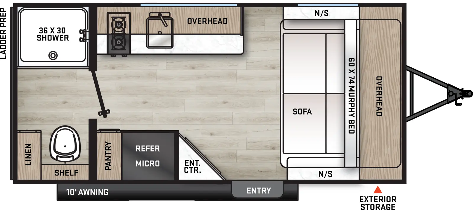The 164RBX has zero slideout and one entry. Exterior features a 10 foot awning, and front storage. Interior layout front to back: murphy bed sofa with overhead cabinet and night stands on each side; off-door side kitchen counter with sink, overhead cabinets and cooktop; door side entry, angled entertainment center, refrigerator with microwave overhead, and pantry; rear bathroom with toilet, shower, linen closet and shelf only.